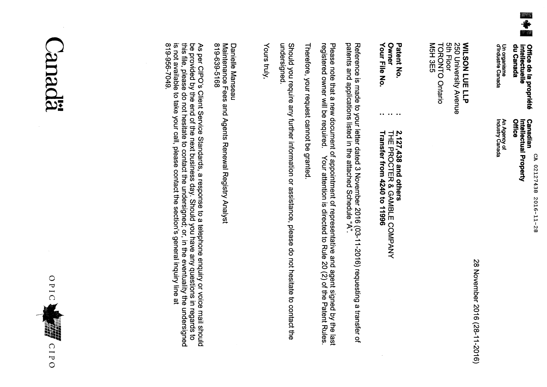 Document de brevet canadien 2630331. Correspondance 20151228. Image 1 de 138