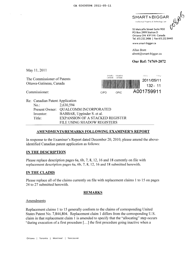 Canadian Patent Document 2630594. Prosecution-Amendment 20101211. Image 1 of 15