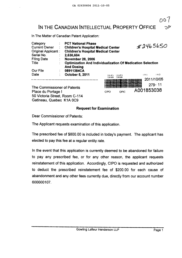 Canadian Patent Document 2630604. Prosecution-Amendment 20111005. Image 1 of 2