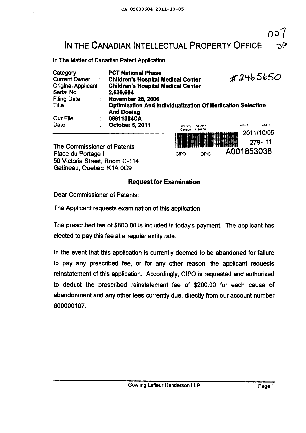 Canadian Patent Document 2630604. Prosecution-Amendment 20111005. Image 1 of 2