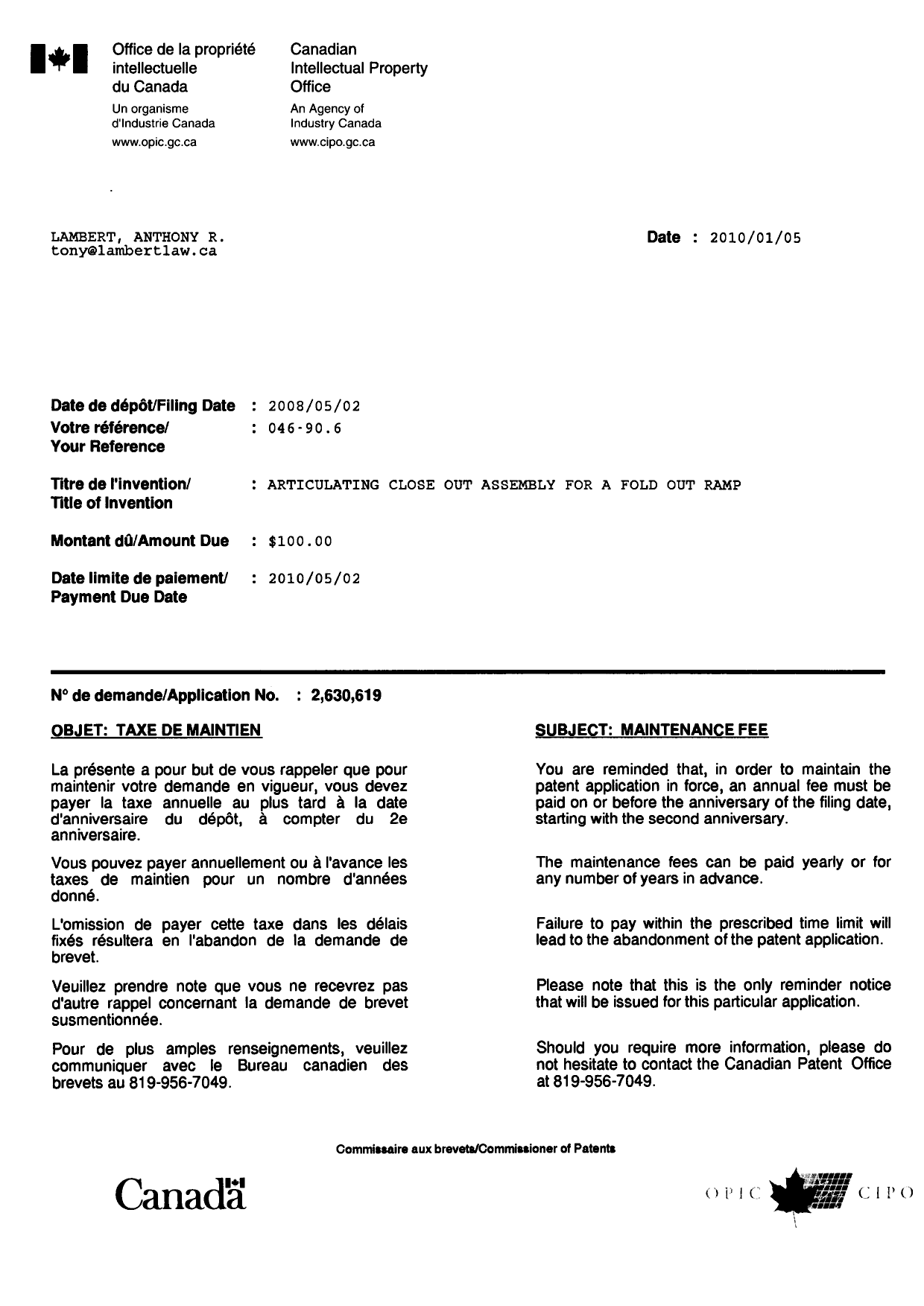 Canadian Patent Document 2630619. Correspondence 20100105. Image 1 of 1