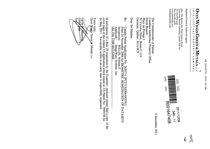 Document de brevet canadien 2630711. Poursuite-Amendment 20111208. Image 1 de 1