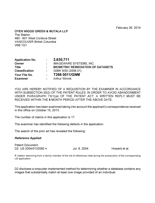 Canadian Patent Document 2630711. Prosecution-Amendment 20131226. Image 1 of 3