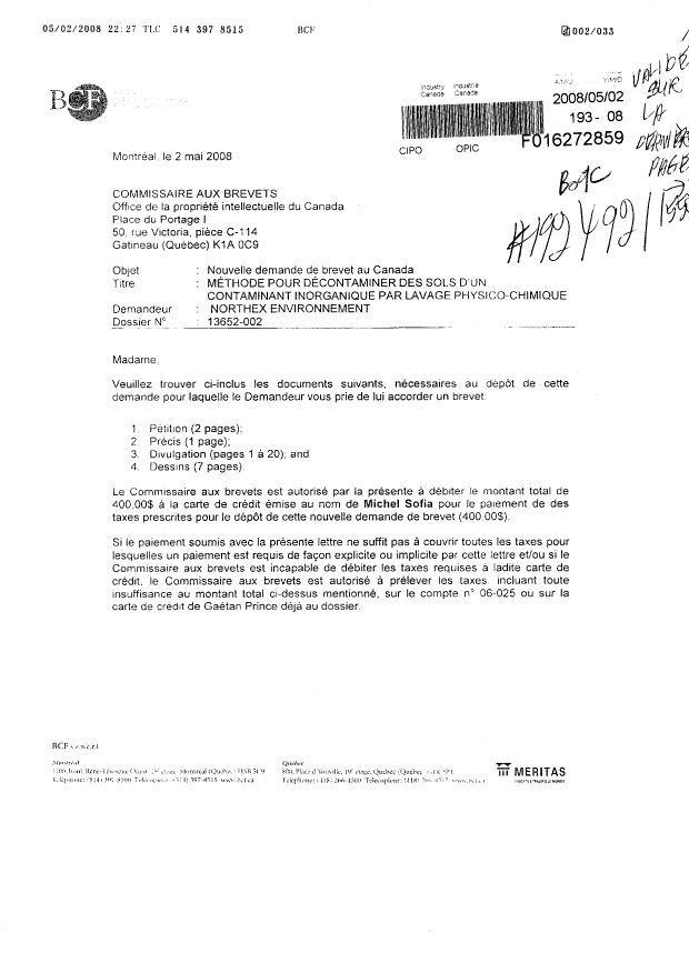Document de brevet canadien 2630894. Cession 20080502. Image 1 de 7