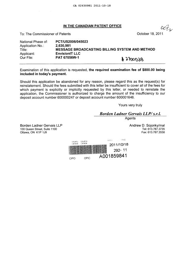 Canadian Patent Document 2630981. Prosecution-Amendment 20101218. Image 1 of 1