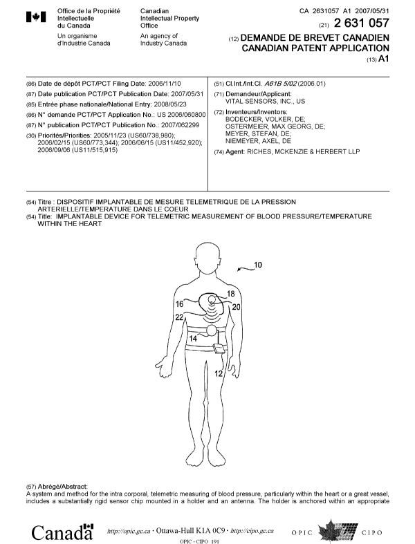 Canadian Patent Document 2631057. Cover Page 20080909. Image 1 of 2