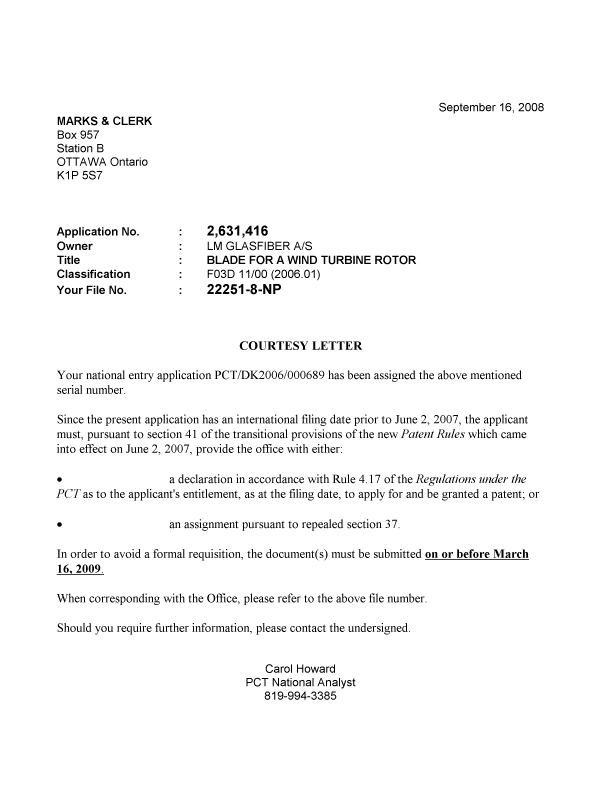Document de brevet canadien 2631416. Correspondance 20071209. Image 1 de 1