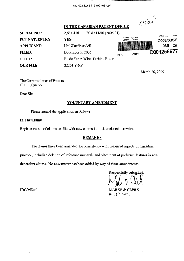Document de brevet canadien 2631416. Revendications 20081226. Image 1 de 4