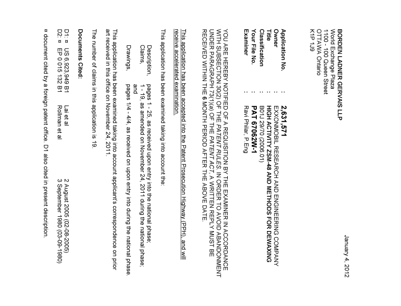Canadian Patent Document 2631571. Prosecution-Amendment 20120104. Image 1 of 3