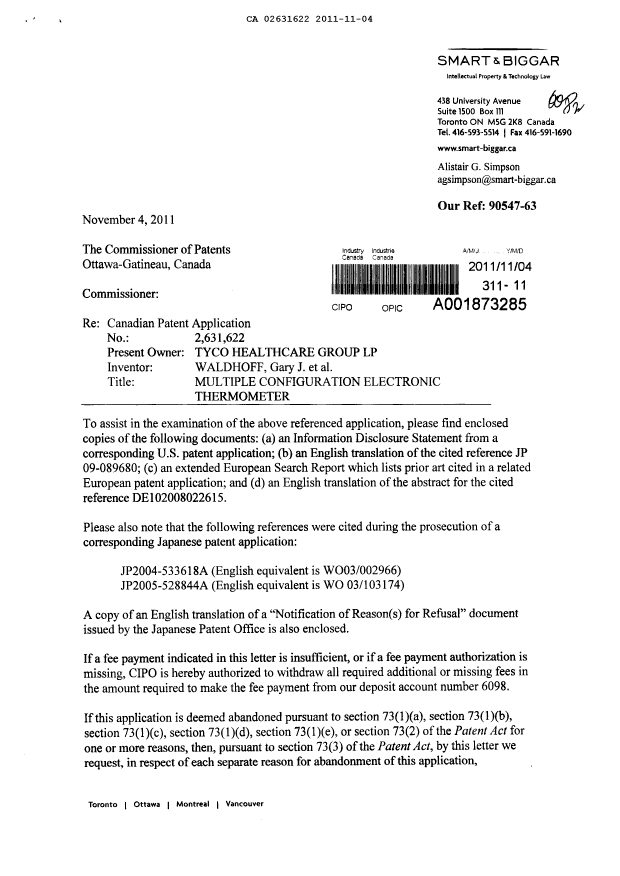 Canadian Patent Document 2631622. Prosecution-Amendment 20111104. Image 1 of 2
