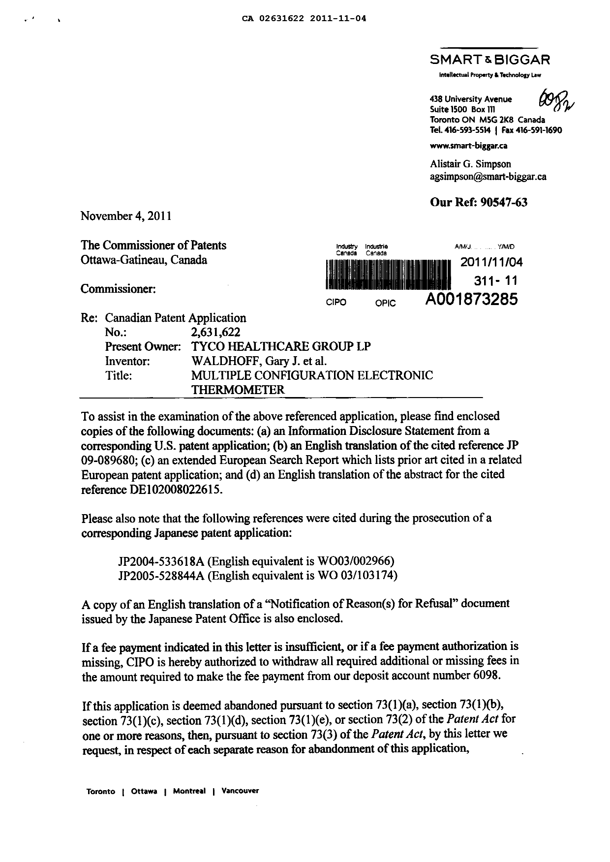 Canadian Patent Document 2631622. Prosecution-Amendment 20111104. Image 1 of 2