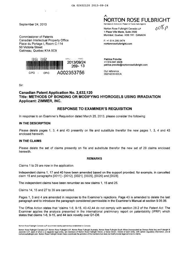 Document de brevet canadien 2632120. Poursuite-Amendment 20130924. Image 1 de 10