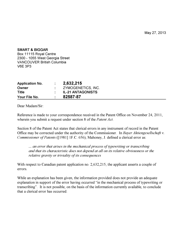 Canadian Patent Document 2632215. Correspondence 20130527. Image 1 of 2