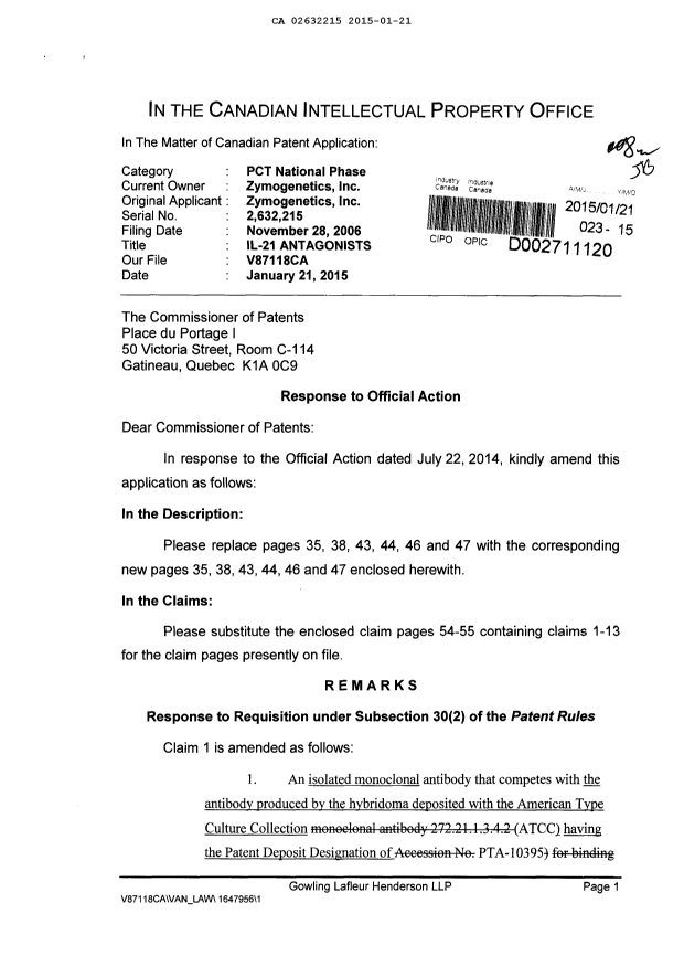 Document de brevet canadien 2632215. Poursuite-Amendment 20141221. Image 1 de 20