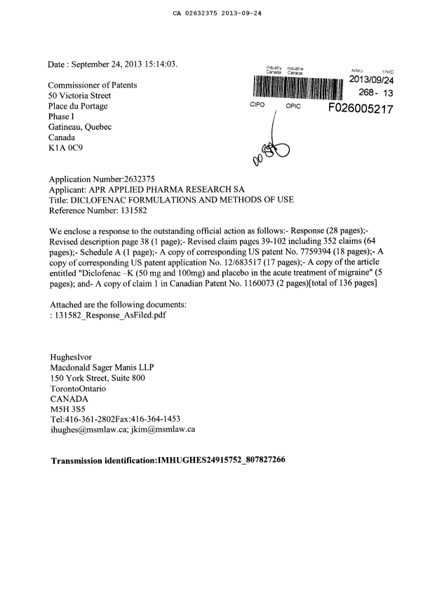 Document de brevet canadien 2632375. Poursuite-Amendment 20130924. Image 1 de 95