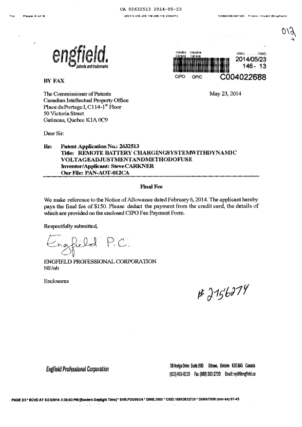 Document de brevet canadien 2632513. Correspondance 20131223. Image 1 de 1