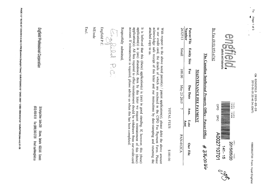 Document de brevet canadien 2632513. Taxes 20141220. Image 1 de 2