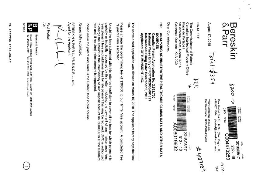 Canadian Patent Document 2632730. Final Fee 20180817. Image 1 of 1