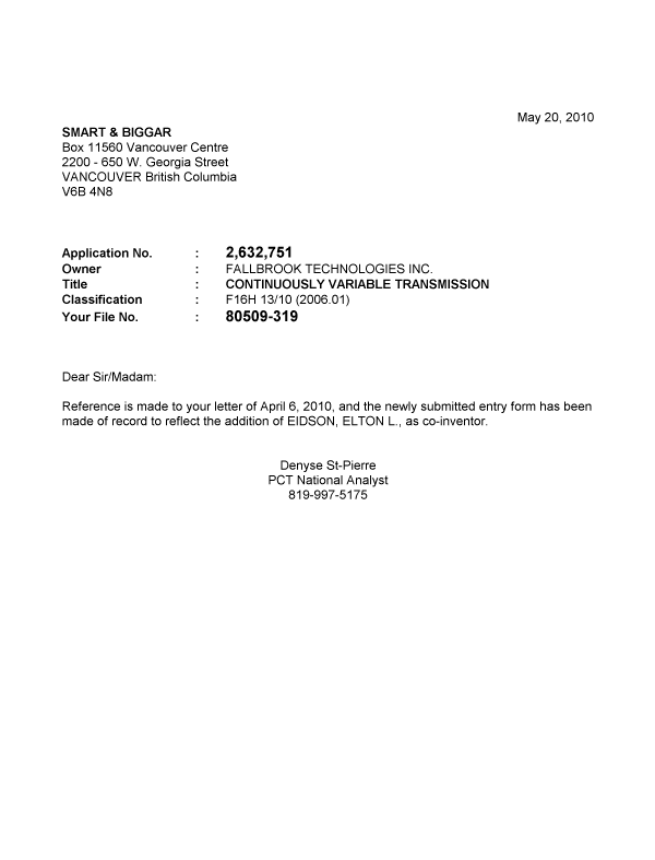 Document de brevet canadien 2632751. Correspondance 20100520. Image 1 de 1