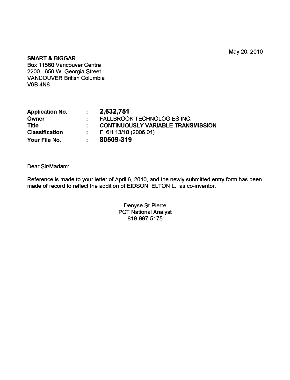 Canadian Patent Document 2632751. Correspondence 20100520. Image 1 of 1