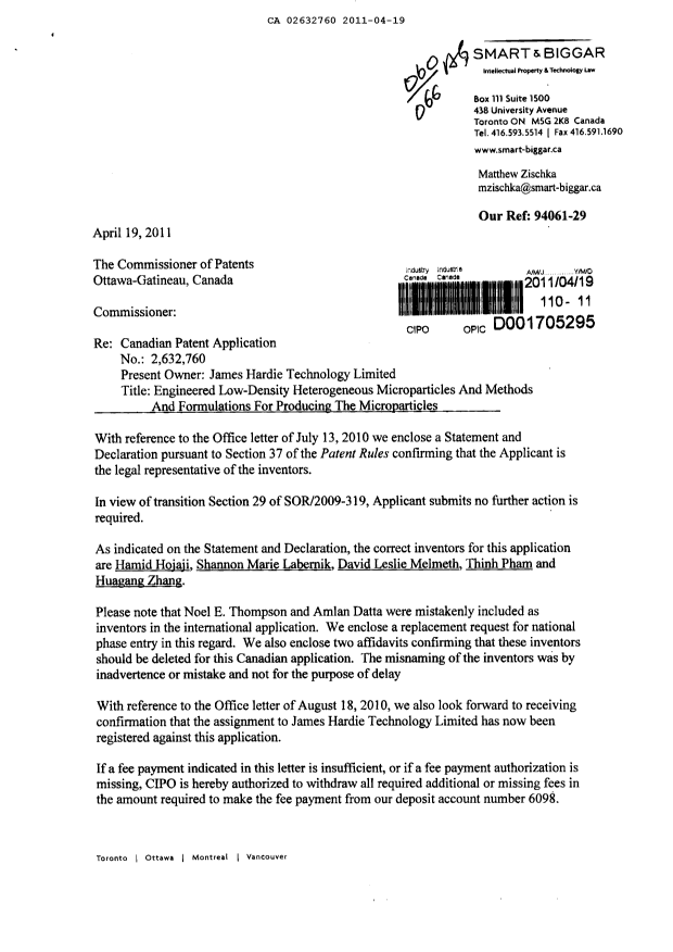 Document de brevet canadien 2632760. Correspondance 20110419. Image 1 de 7
