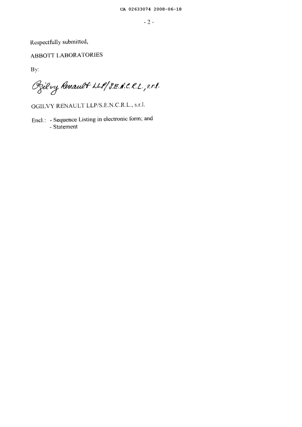 Canadian Patent Document 2633074. Prosecution-Amendment 20080618. Image 2 of 3