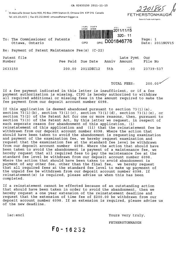 Canadian Patent Document 2633150. Fees 20111115. Image 1 of 1