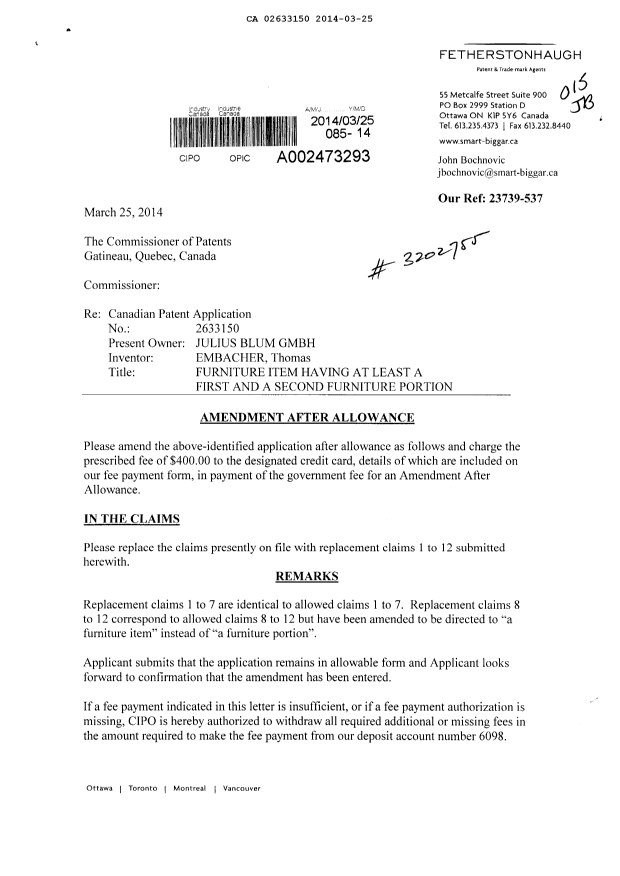 Document de brevet canadien 2633150. Poursuite-Amendment 20140325. Image 1 de 4