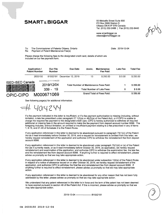 Document de brevet canadien 2633150. Paiement de taxe périodique 20191204. Image 1 de 2