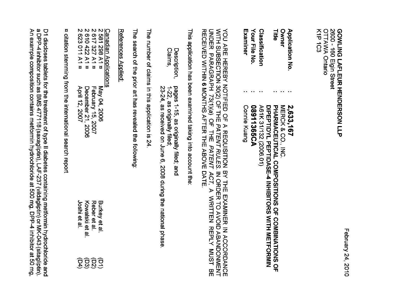 Canadian Patent Document 2633167. Prosecution-Amendment 20091224. Image 1 of 3