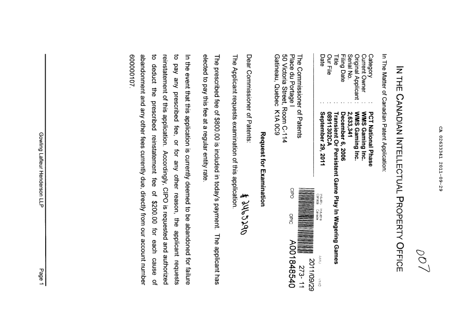 Canadian Patent Document 2633341. Prosecution-Amendment 20110929. Image 1 of 2