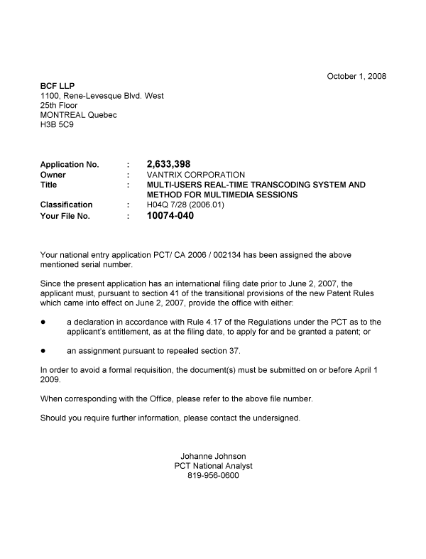 Document de brevet canadien 2633398. Correspondance 20081001. Image 1 de 1