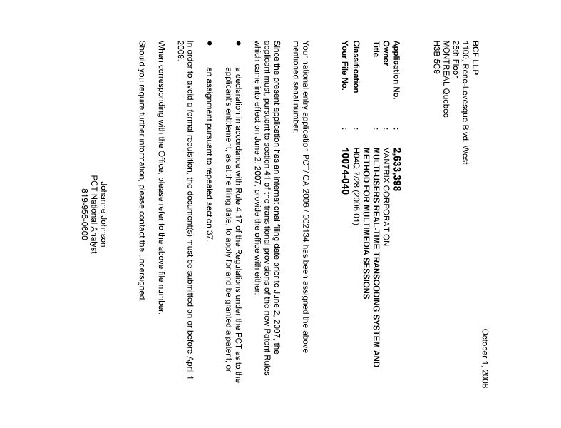 Document de brevet canadien 2633398. Correspondance 20081001. Image 1 de 1