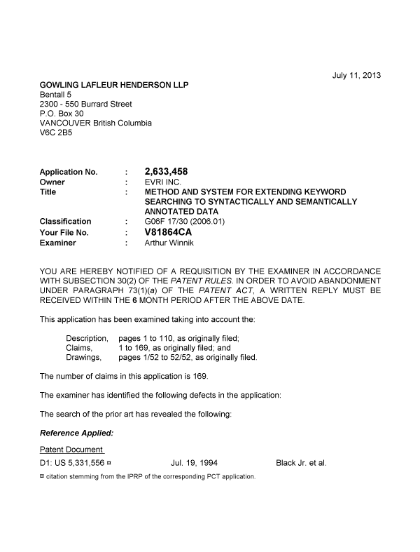 Canadian Patent Document 2633458. Prosecution-Amendment 20130711. Image 1 of 3