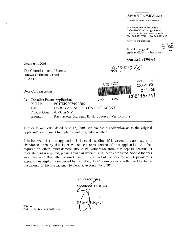 Document de brevet canadien 2633576. Correspondance 20081001. Image 1 de 2
