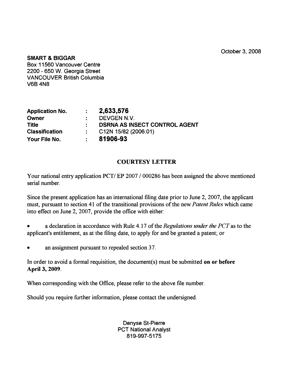 Canadian Patent Document 2633576. Correspondence 20081003. Image 1 of 1