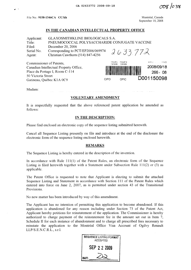 Canadian Patent Document 2633772. Prosecution-Amendment 20071218. Image 1 of 3