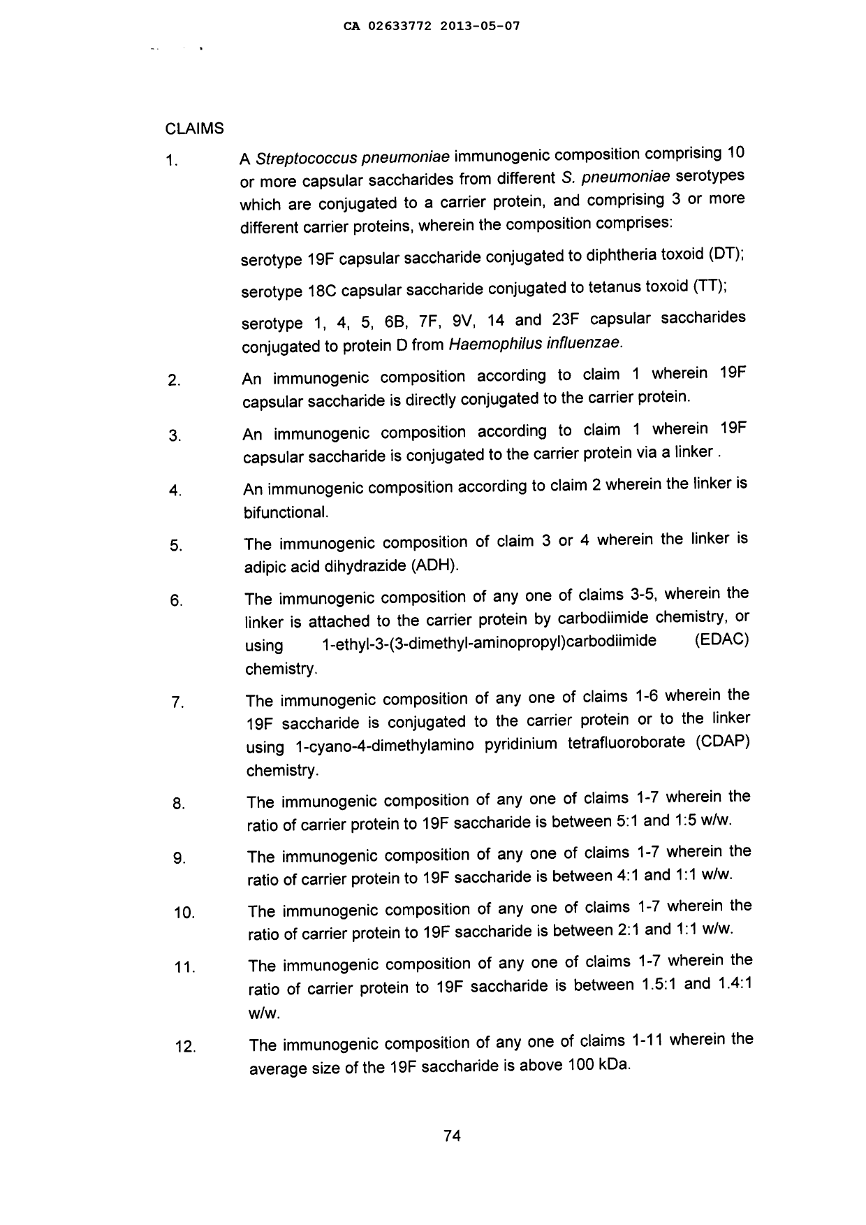 Document de brevet canadien 2633772. Revendications 20121207. Image 1 de 2
