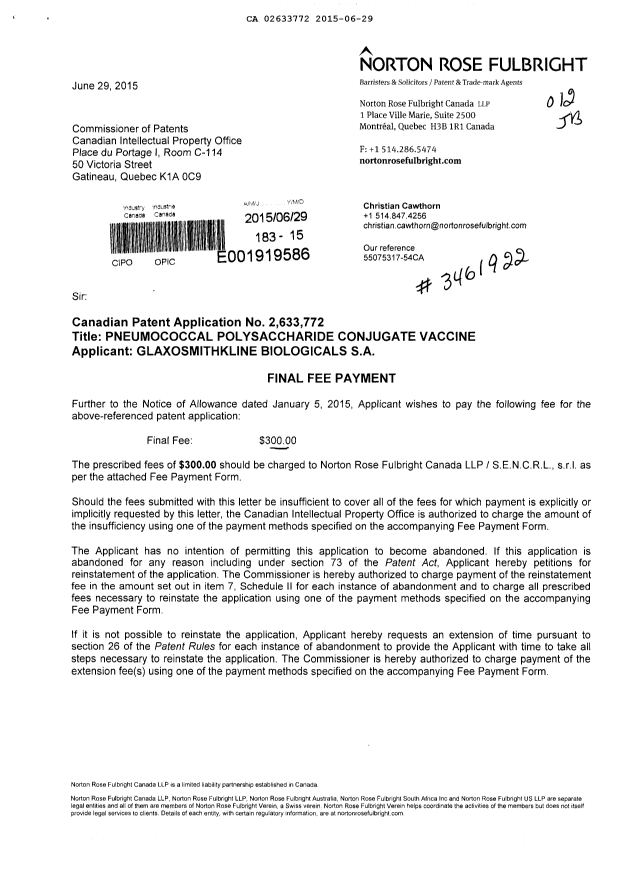 Canadian Patent Document 2633772. Correspondence 20141229. Image 1 of 2