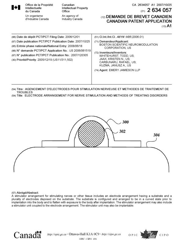 Canadian Patent Document 2634057. Cover Page 20081010. Image 1 of 1