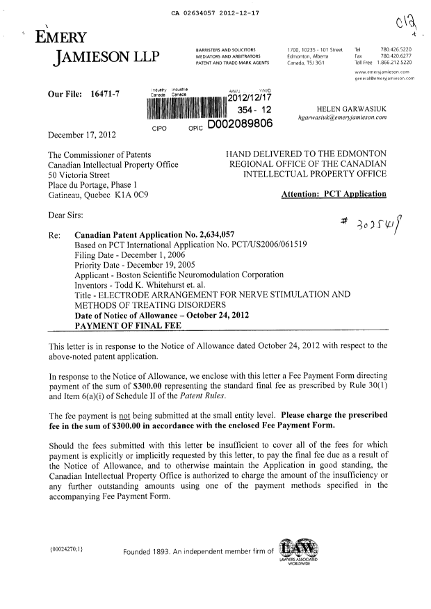Document de brevet canadien 2634057. Correspondance 20121217. Image 1 de 2