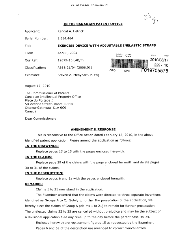 Canadian Patent Document 2634464. Prosecution-Amendment 20091217. Image 1 of 8