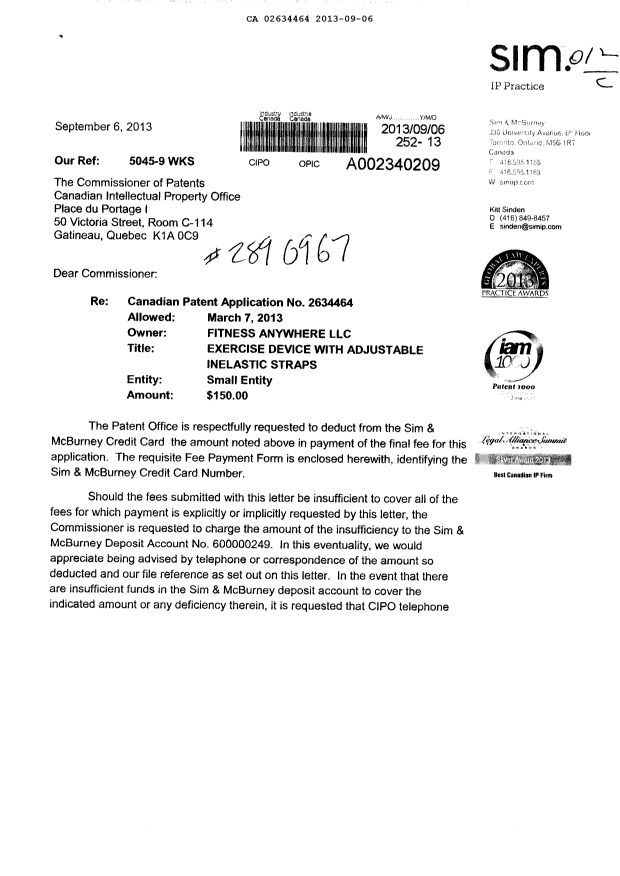 Canadian Patent Document 2634464. Correspondence 20121206. Image 1 of 2