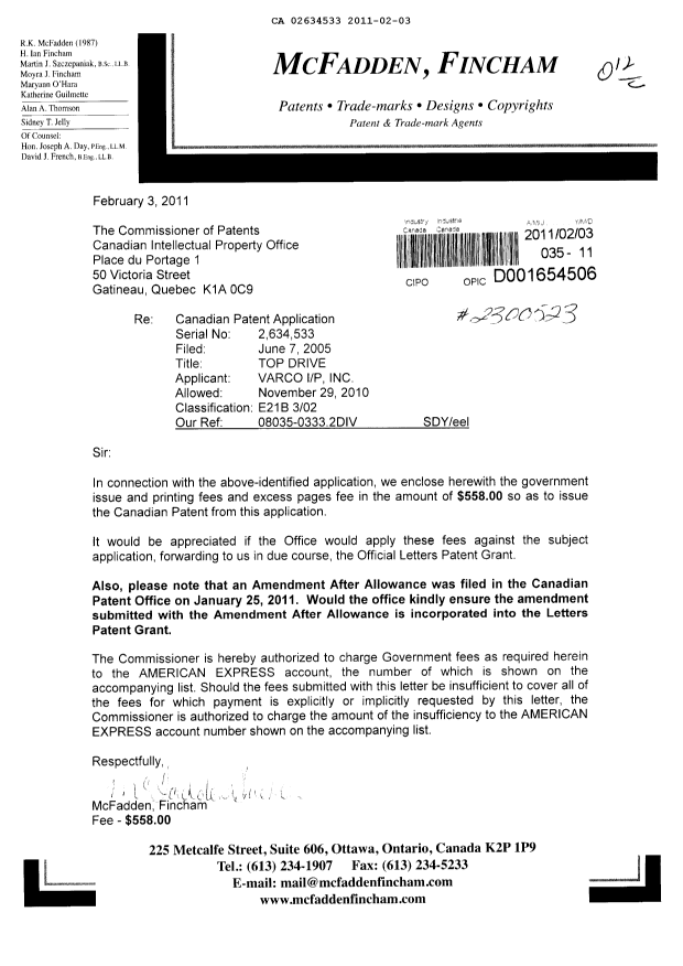 Canadian Patent Document 2634533. Correspondence 20110203. Image 1 of 1