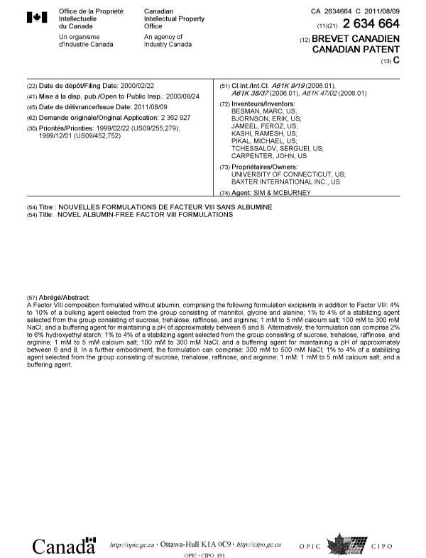Canadian Patent Document 2634664. Cover Page 20110711. Image 1 of 1