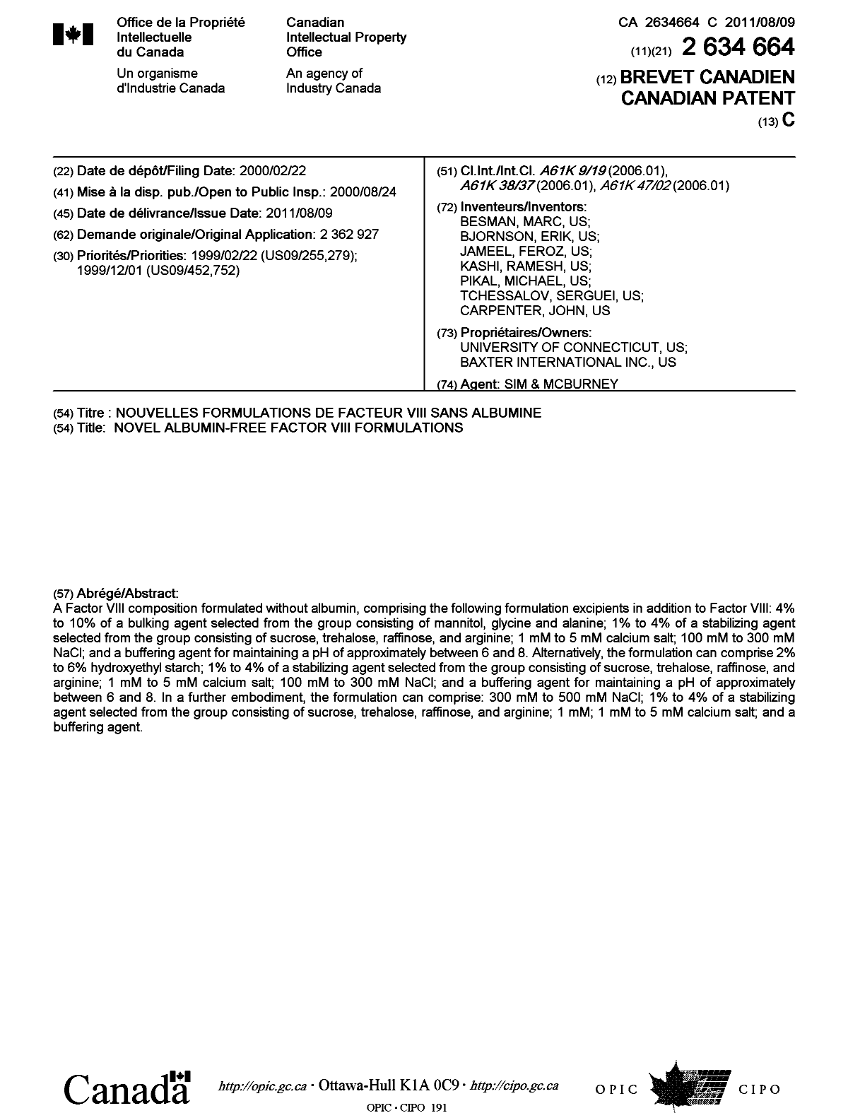 Canadian Patent Document 2634664. Cover Page 20110711. Image 1 of 1