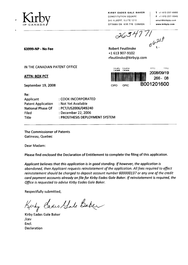 Document de brevet canadien 2634771. Correspondance 20080919. Image 1 de 2