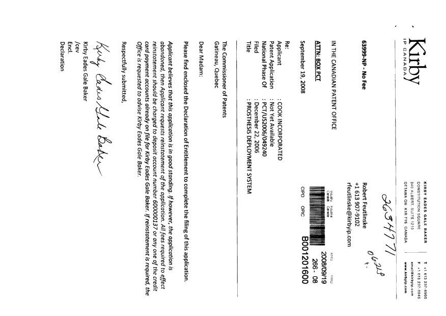 Document de brevet canadien 2634771. Correspondance 20080919. Image 1 de 2