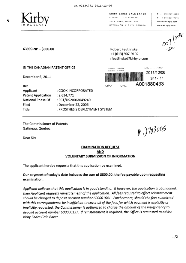 Document de brevet canadien 2634771. Poursuite-Amendment 20111206. Image 1 de 2