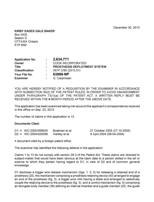 Document de brevet canadien 2634771. Poursuite-Amendment 20131230. Image 1 de 2